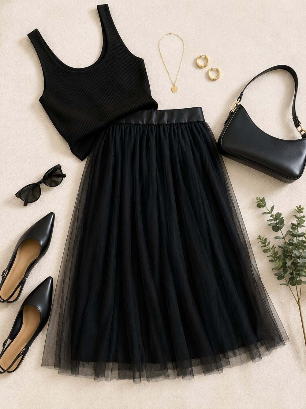 Baluoke  Black Tulle Pleated Midi Skirt with Elastic Waist Sz XS
